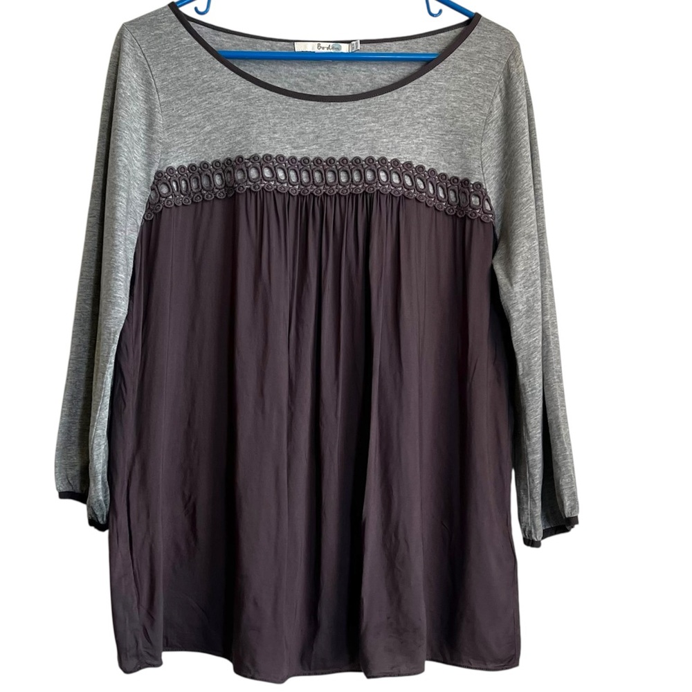 Boden Gray Color Block Boho Blouse Embroidered Swingy Ruching 3/4 Sleeve Size 12